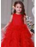 Beaded Red Lace Tulle Ruffle Flower Girl Dress Birthday Dress